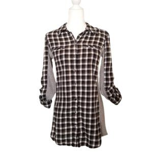Women's A.N.A. Gray/Black plaid long sleeve Tunic/Top Medium